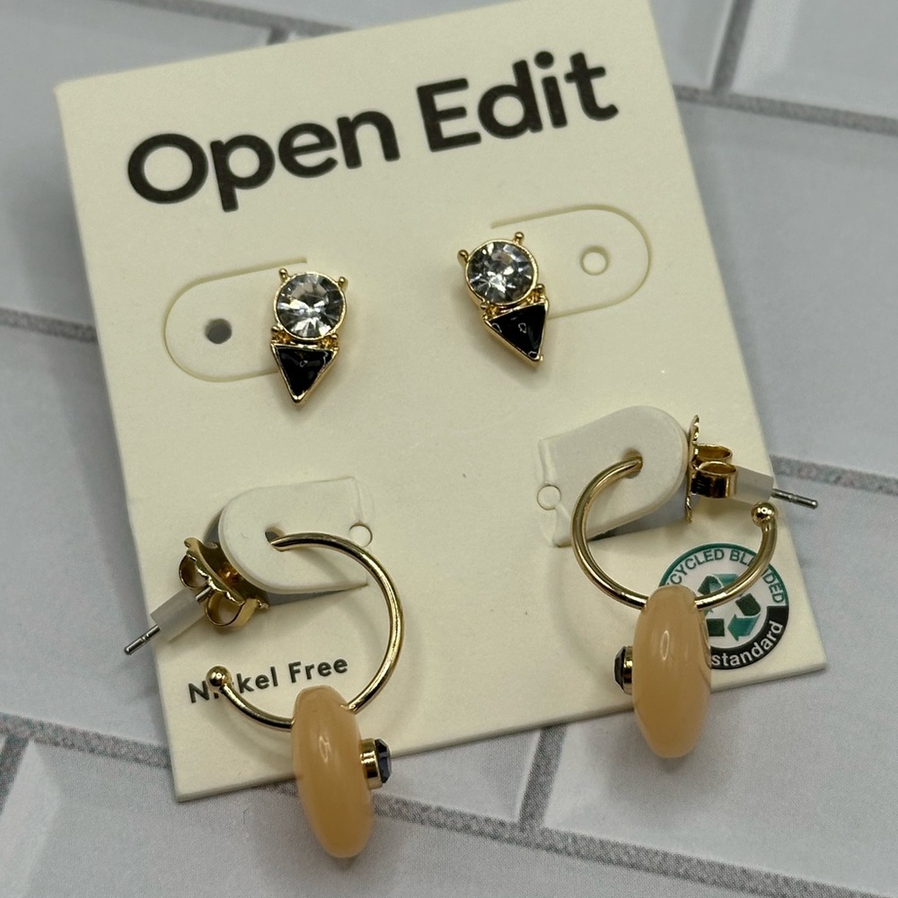 NWT Open Edit Goldtone/Black/Peach Set of 2 Pair of Earrings